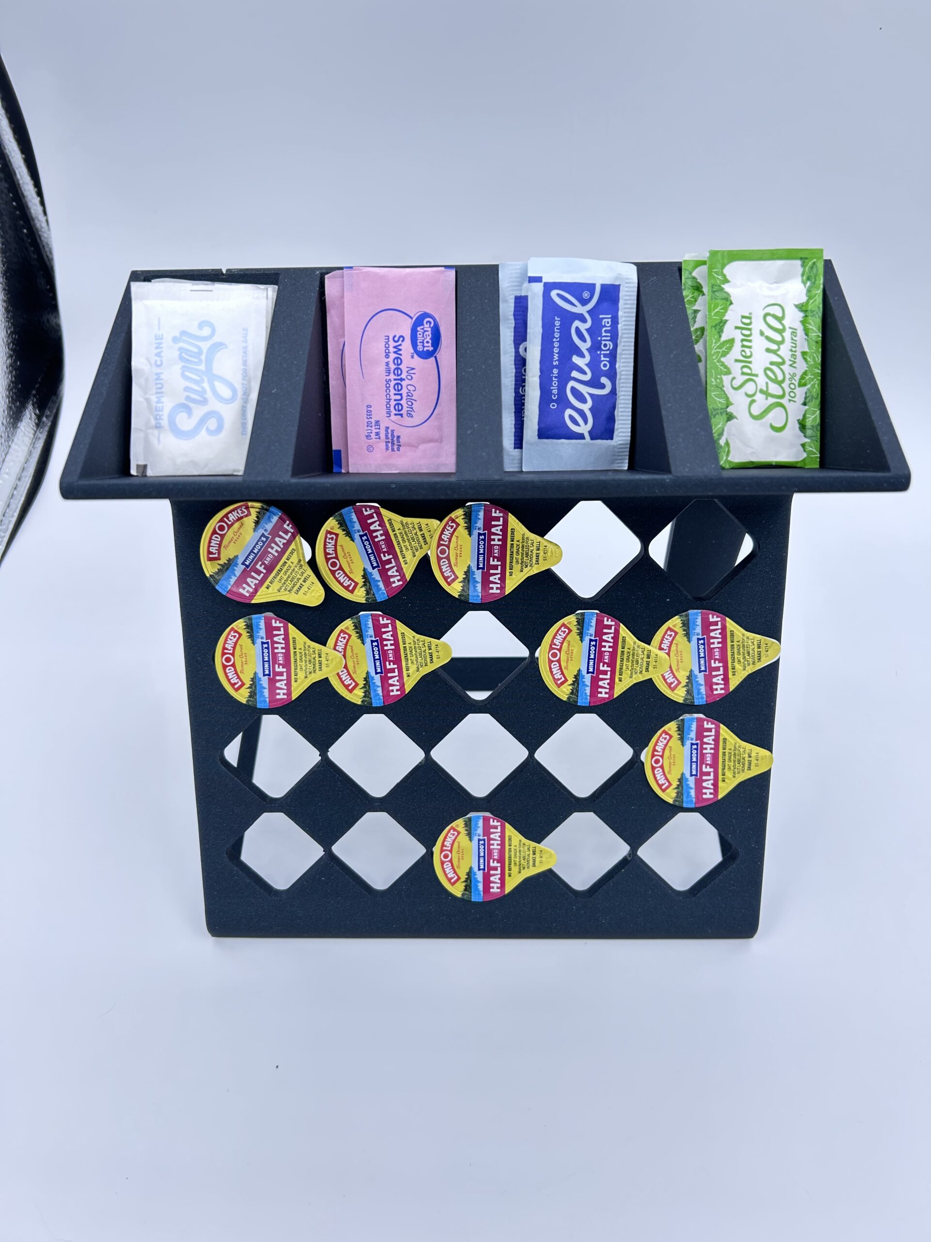 20 slot individual coffee creamer holder and sweetener sugar caddy front view partially filled