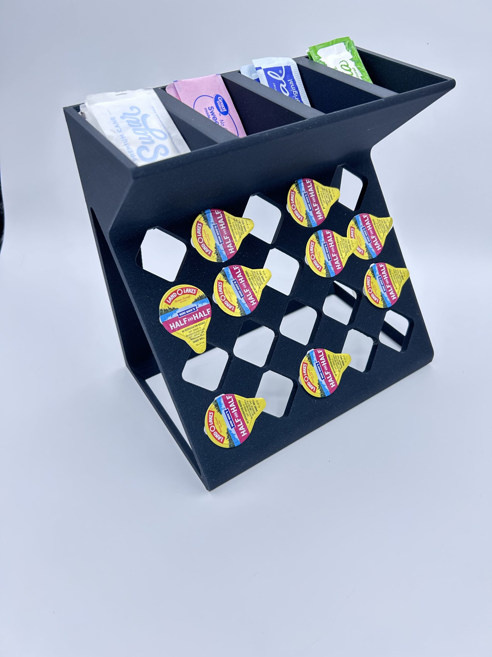 20 slot individual coffee creamer holder and sweetener sugar caddy front view partially full