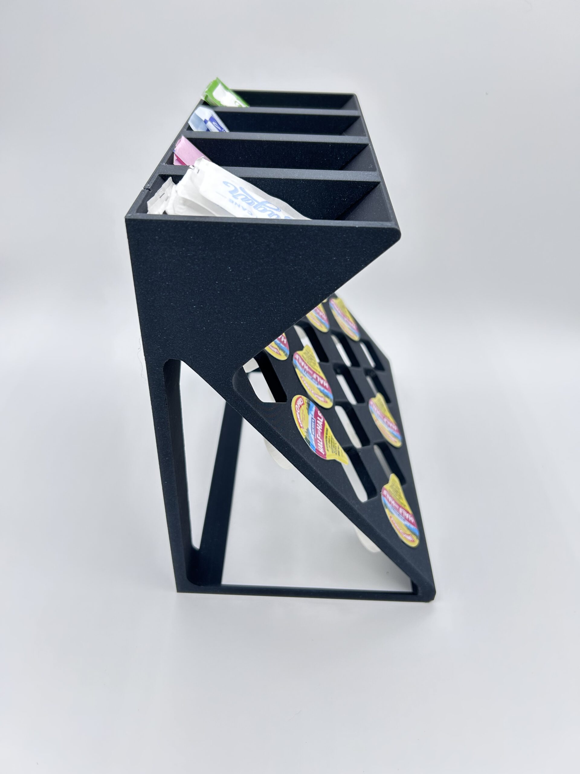 20 slot individual coffee creamer holder and sweetener sugar caddy left side view w packets