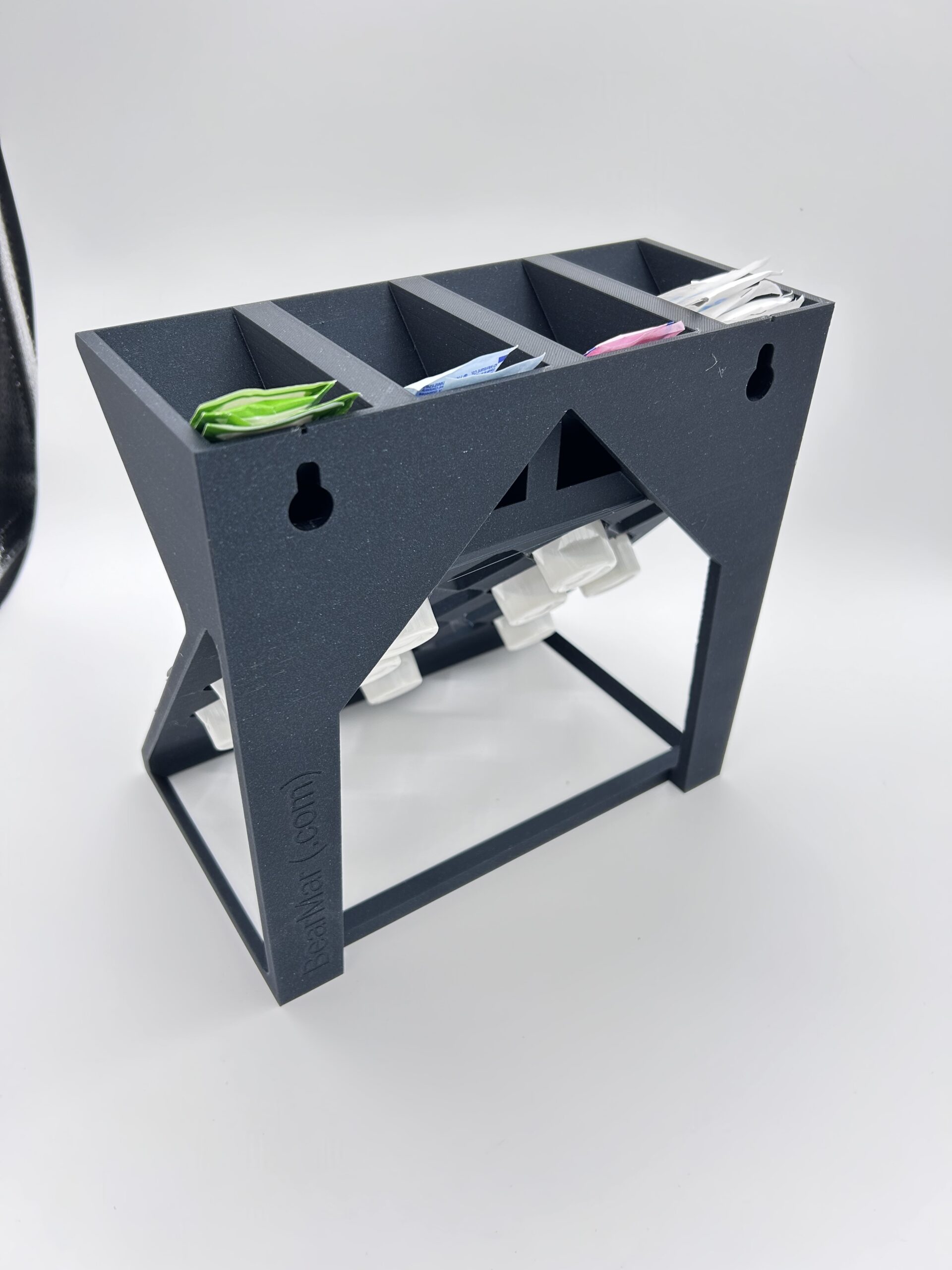 20 slot individual coffee creamer holder and sweetener sugar caddy rear view partially filled