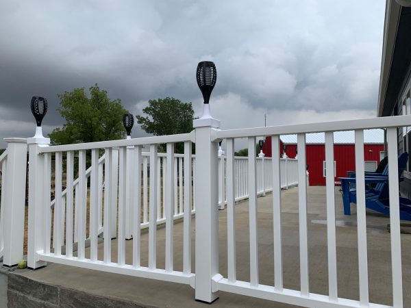 4x4 Vinyl Post Caps Showing TomCare Flickering Solar Lights in Solar Light Mounting Brackets on Deck Railing