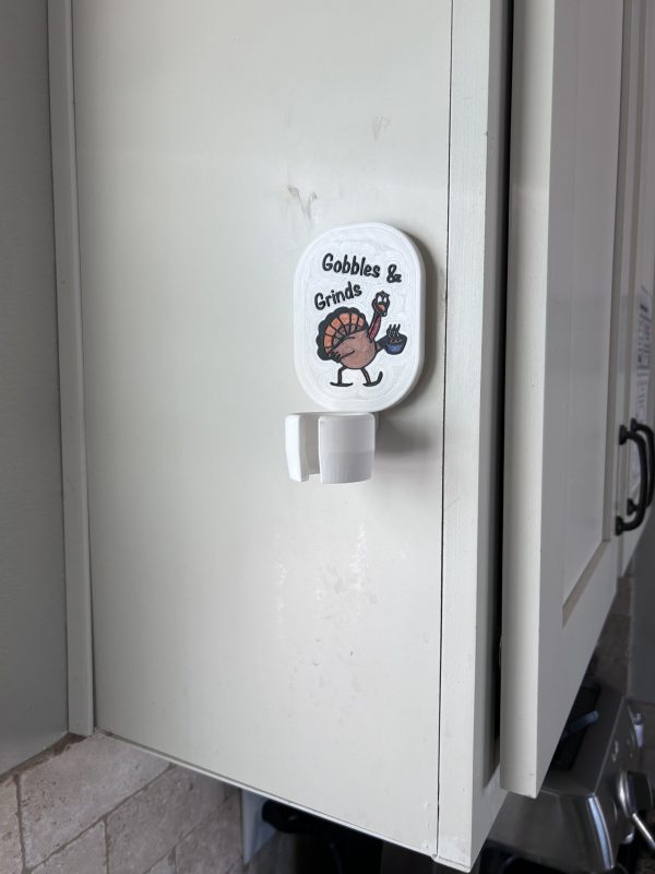 Cute Gobble and Grinds Thanksgiving Holiday Faceplate for Milk Frother Stand Only for Wall Mount - Shown on Cabinet without Coffee Frother