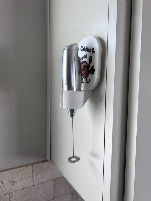 Cute Gobble and Grinds Thanksgiving Holiday Faceplate for Milk Frother Stand Only for Wall Mount - Shown on Cabinet with Zulay Coffee Frother