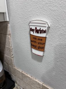 decorative coffee bar accent wall espresso bar art togo cup with Hit me with your best shot - shown on wall
