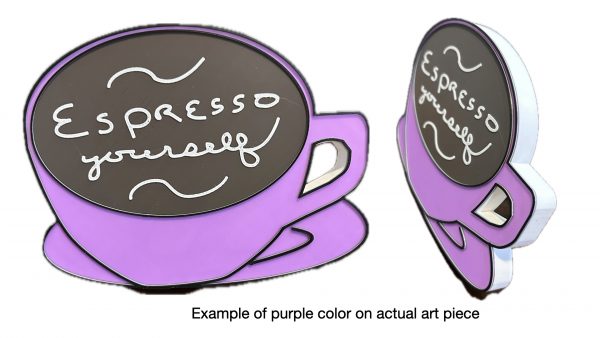 decorative coffee bar accessory espresso bar art with cute message written in foam - purple espresso yourself - ACTUAL