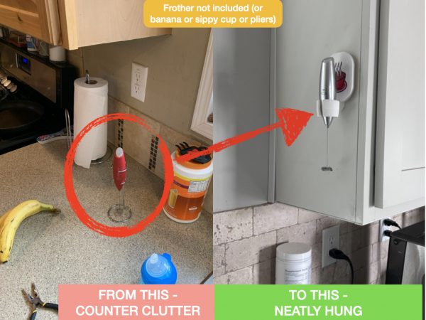red ‎milk frother stand wall mount showing comparison to ugly countertop wire frother stand