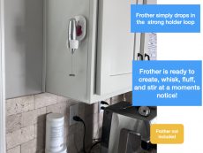‎milk frother stand only wall mount red highlight coffee cup showing in use
