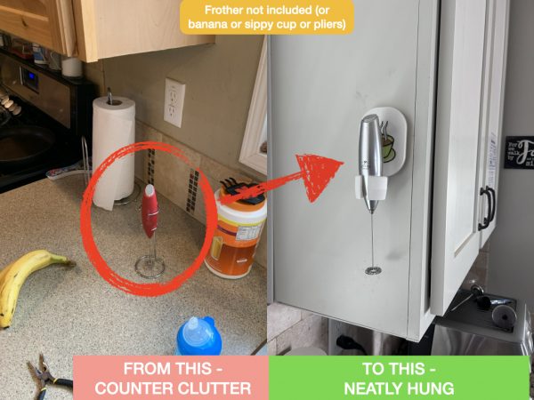 green ‎milk frother stand wall mount showing comparison to ugly countertop wire frother stand