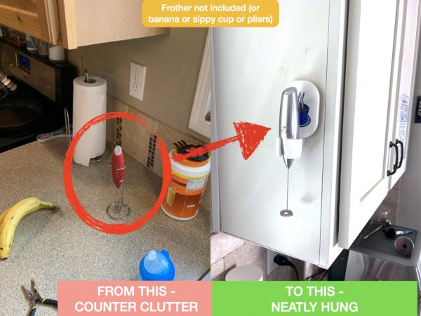 blue ‎milk frother stand wall mount showing comparison to ugly countertop wire frother stand