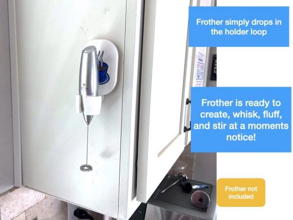 ‎milk frother stand only wall mount blue highlight coffee cup showing in use