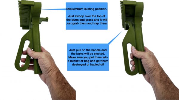 get rid of grass burrs using the Burr Buster - showing the use