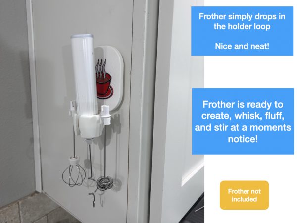 ‎multiple attachment milk frother stand only wall mount red coffee cup motif showing in use