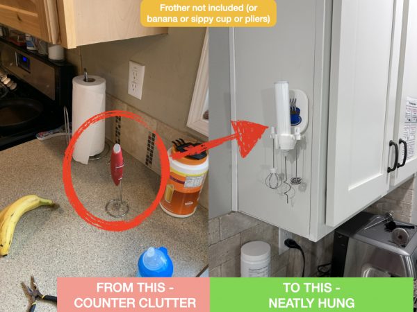 ‎multiple attachment milk frother stand only wall mount blue coffee cup motif showing improvement over wire stand