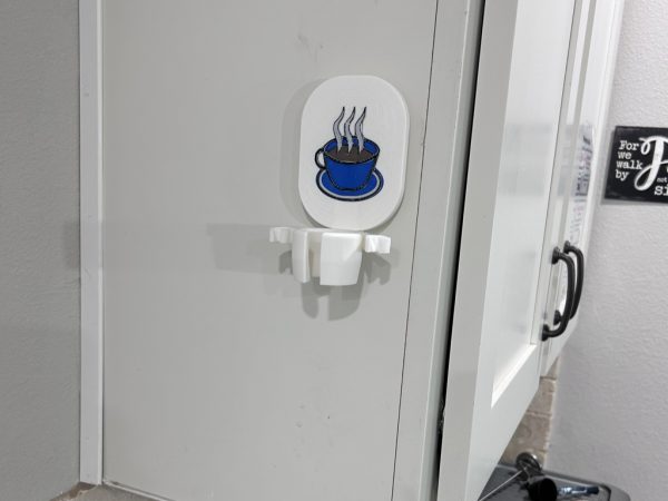 ‎coffee bar accessory multiple attachment milk frother stand only wall mount blue coffee cup motif showing without frother