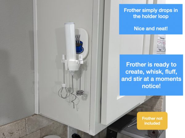‎multiple attachment milk frother stand only wall mount blue coffee cup motif showing in use