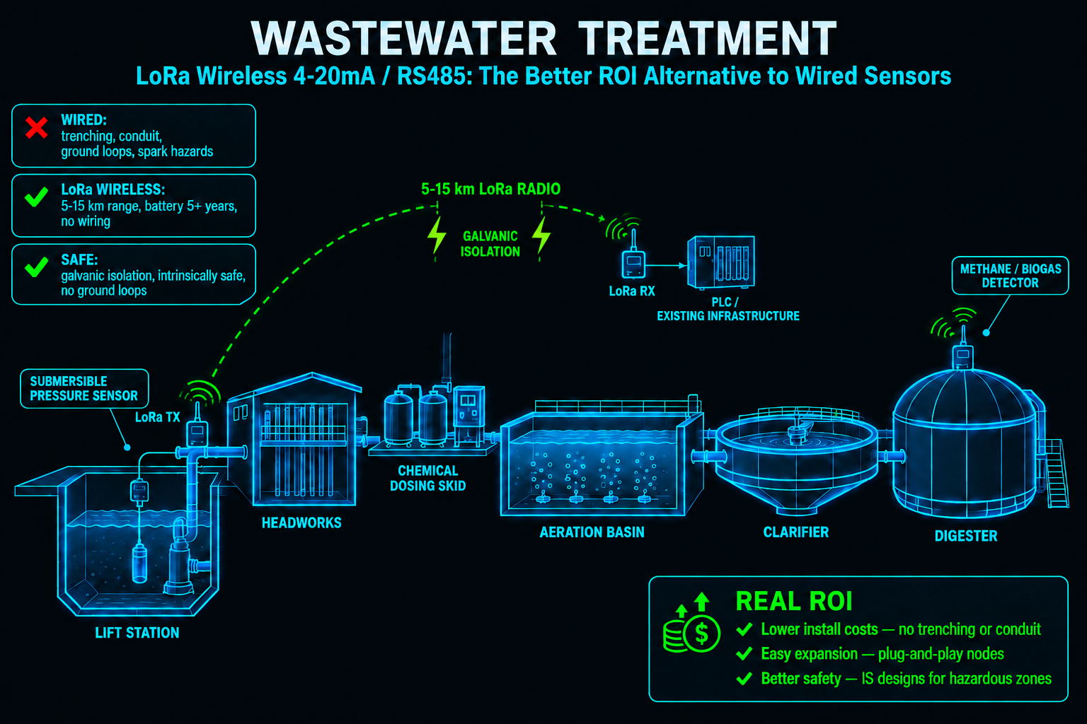 LoRa Wireless 4-20ma – RS485: The better ROI Alternative to Wired Solutions in Wastewater Treatment Facilities