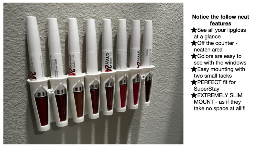 maybelline 24 hour super stay lipstick organizer showing how handy it is mounted on the wall in your makeup area